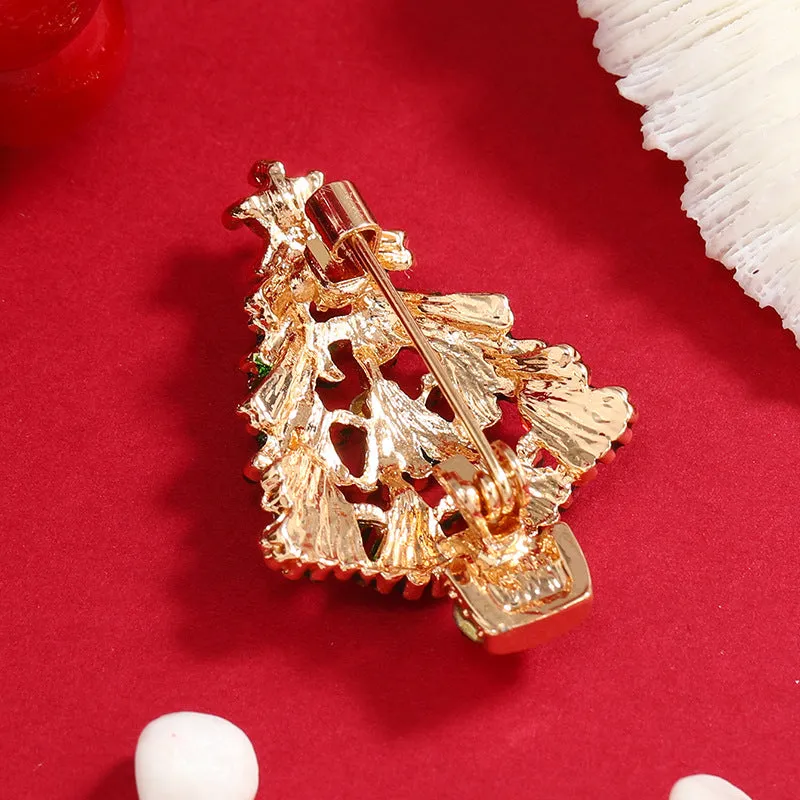 Green Enamel & Cubic Zirconia 18K Gold-Plated Christmas Tree Brooch