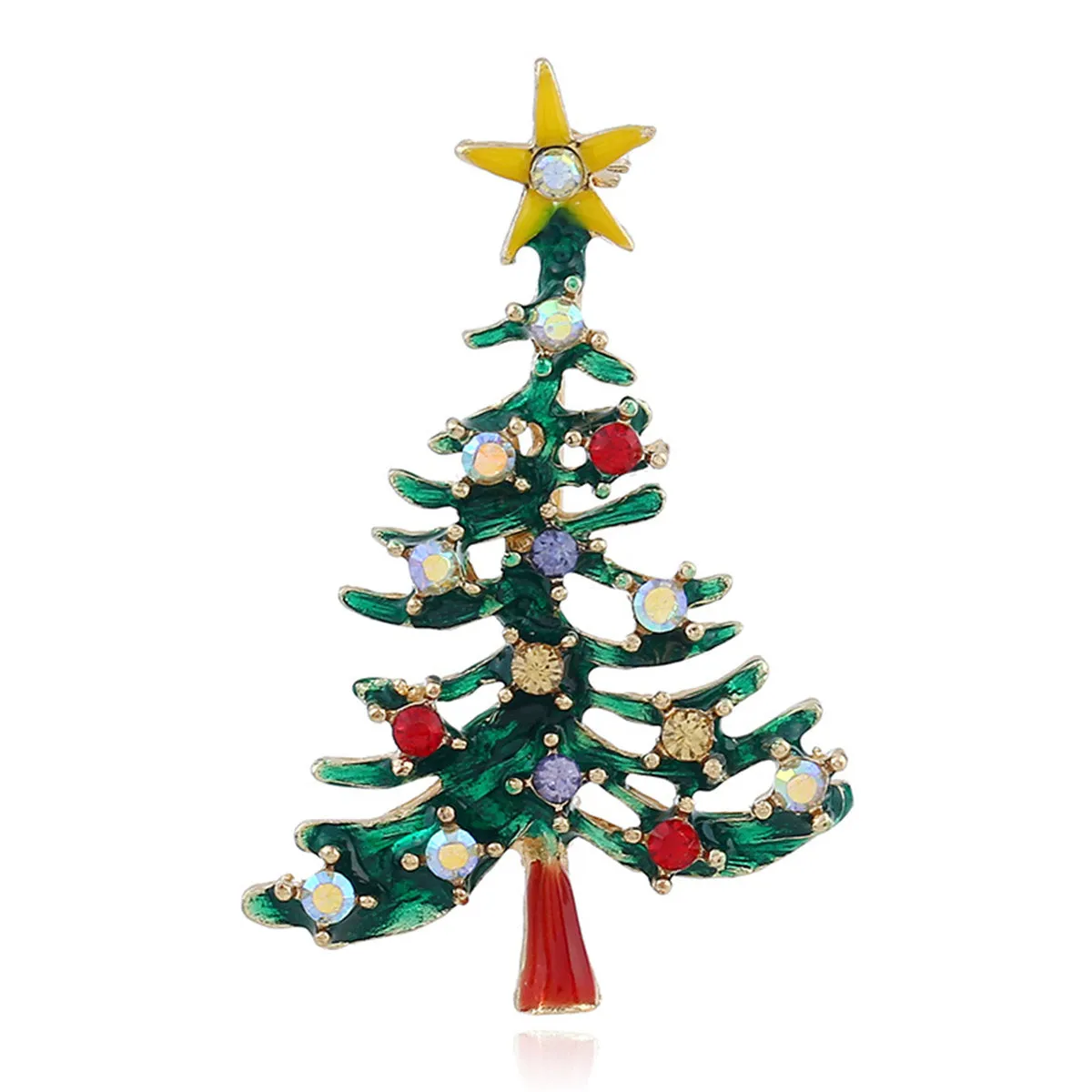 Green Enamel & Red Cubic Zirconia Openwork Christmas Tree Brooch