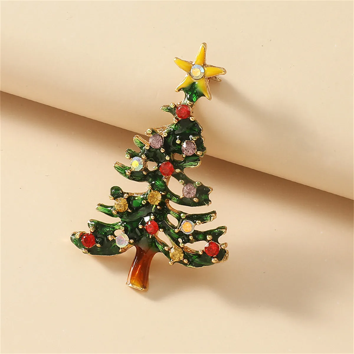 Green Enamel & Red Cubic Zirconia Openwork Christmas Tree Brooch