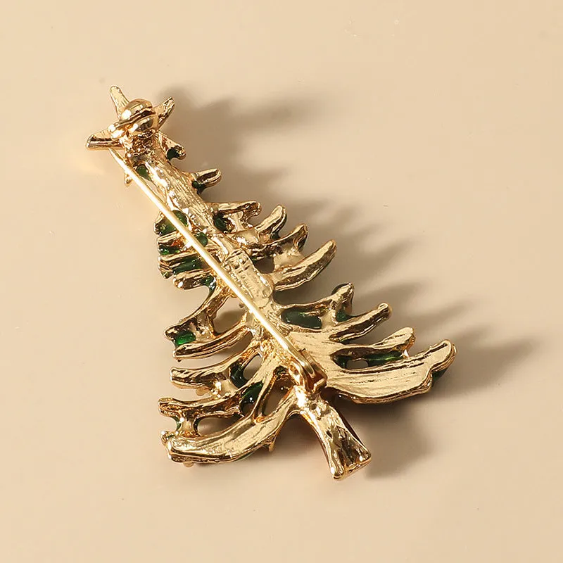 Green Enamel & Red Cubic Zirconia Openwork Christmas Tree Brooch