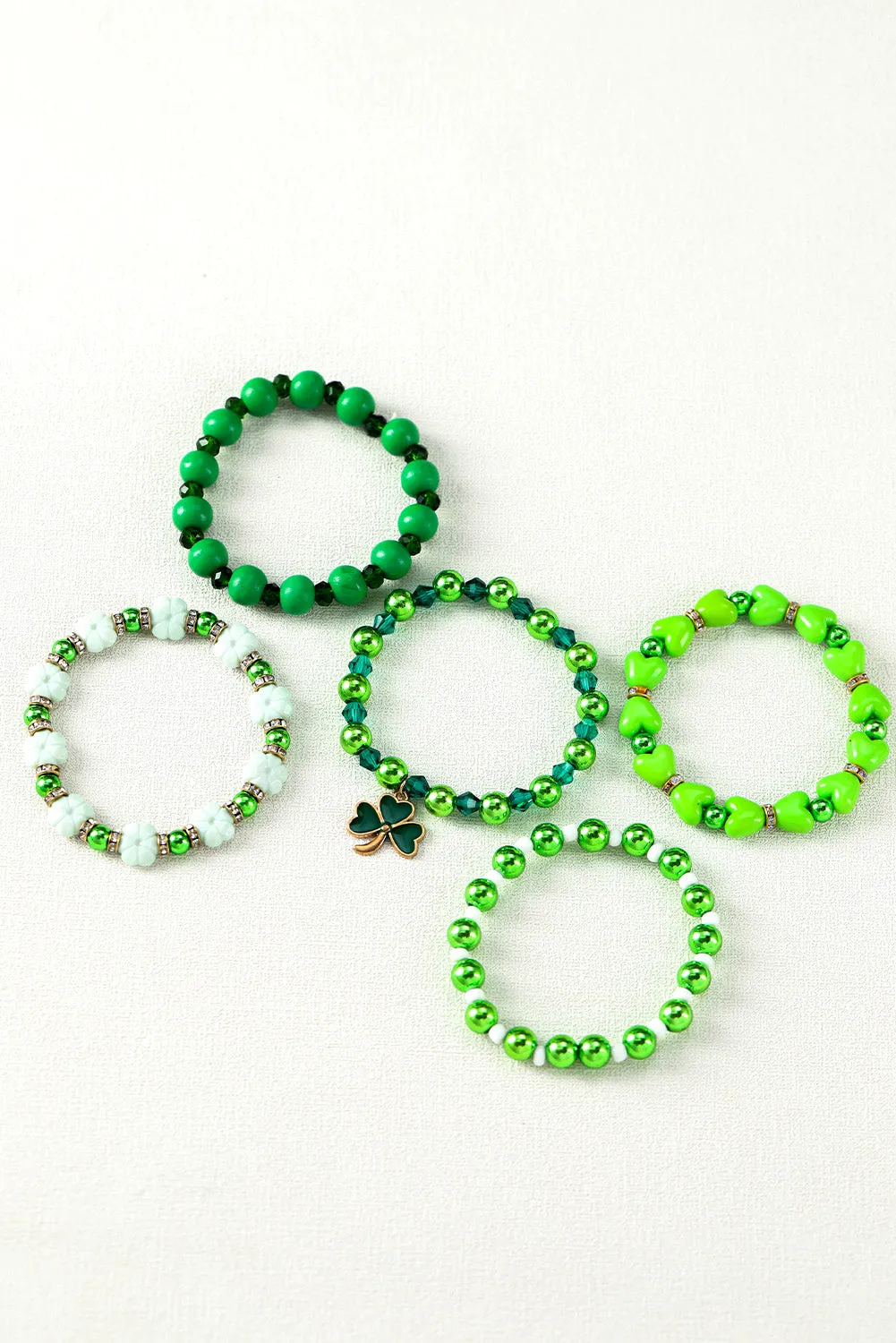 Green St Patricks Day 5pcs Clover Pendant Beaded Bracelet Set