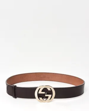 Gucci Brown Leather Silver Interlocking GG Belt - 85/34