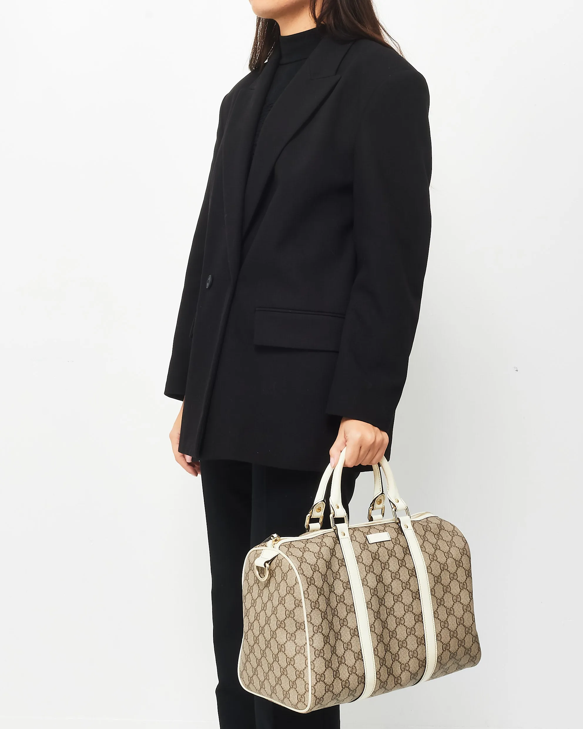 Gucci Monogram Coated Canvas & Cream Leather Trim Boston Bag