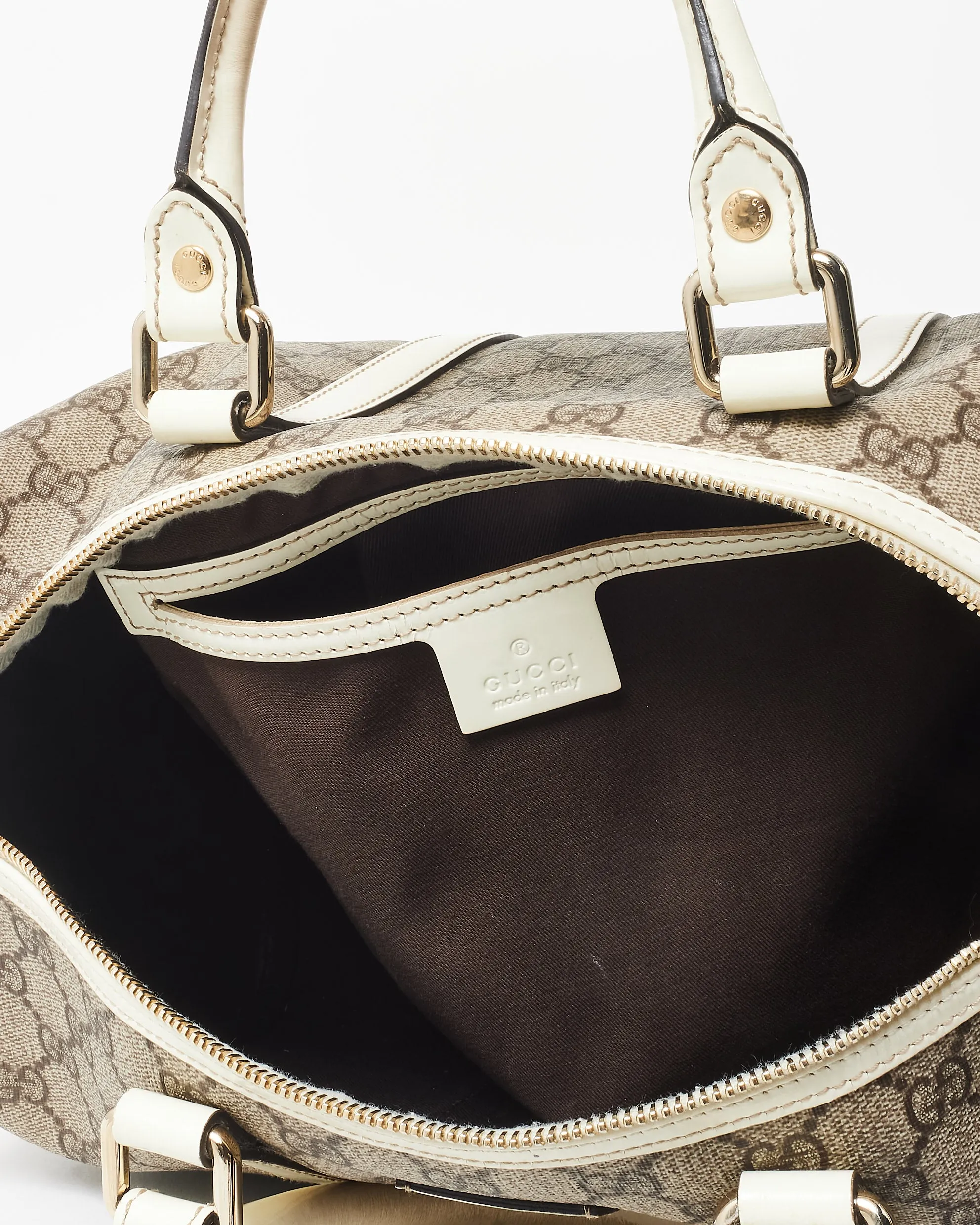 Gucci Monogram Coated Canvas & Cream Leather Trim Boston Bag