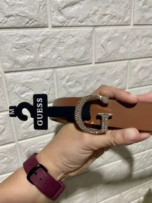 GUESS Rhinestone G Logo Buckle Belt brwon
