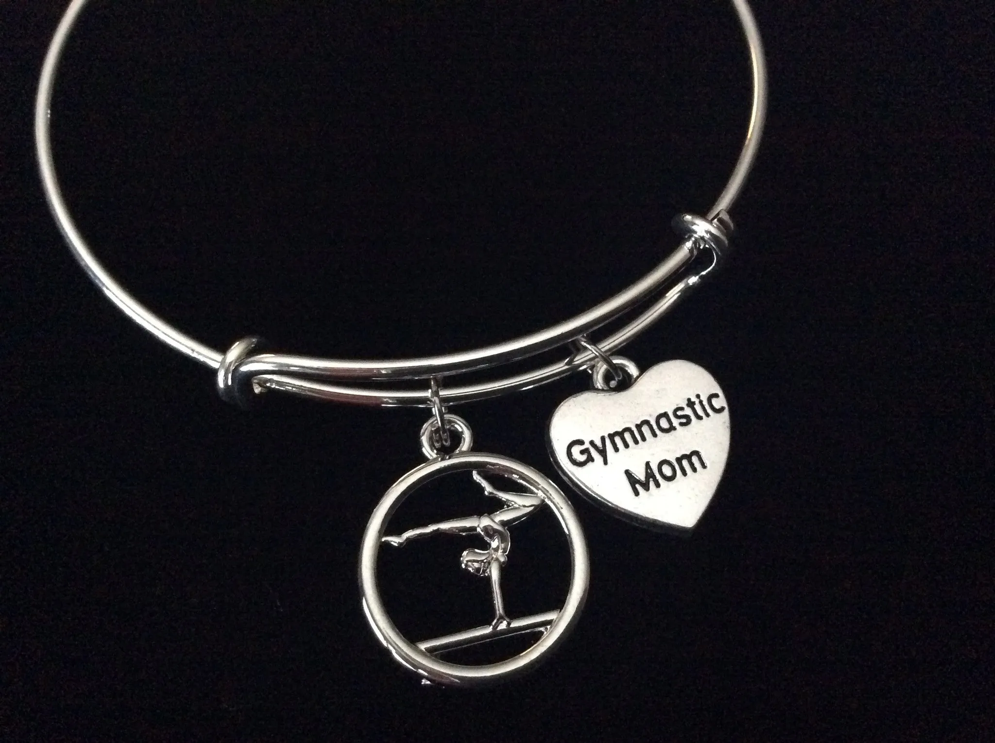 Gymnastics Mom Silver Expandable Charm Bracelet Sports Team Coach Gift Adjustable Wire Bangle
