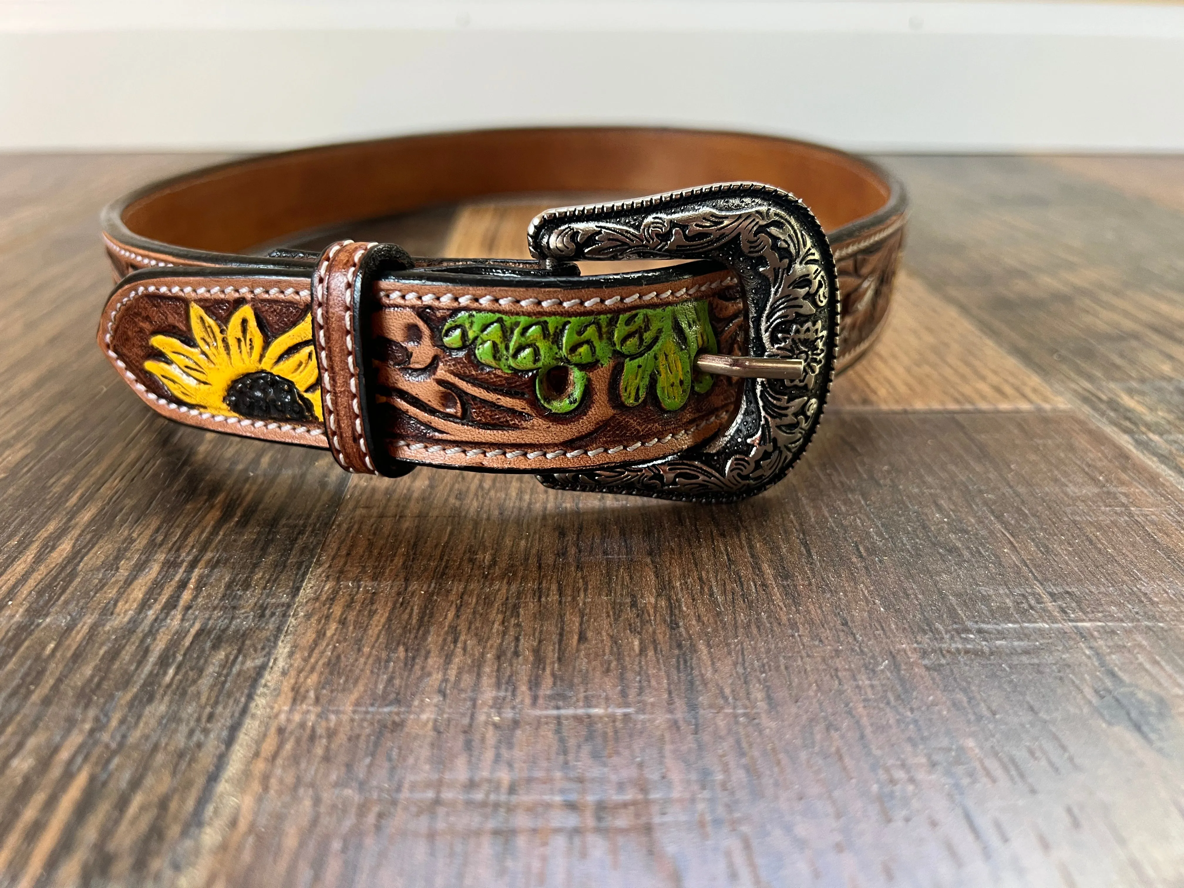 Handmade Leather Tooled Sunflower Cactus Handpainted Belt