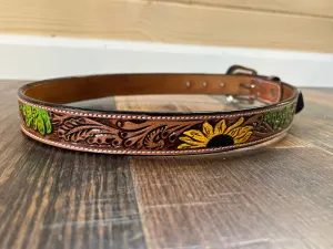 Handmade Leather Tooled Sunflower Cactus Handpainted Belt