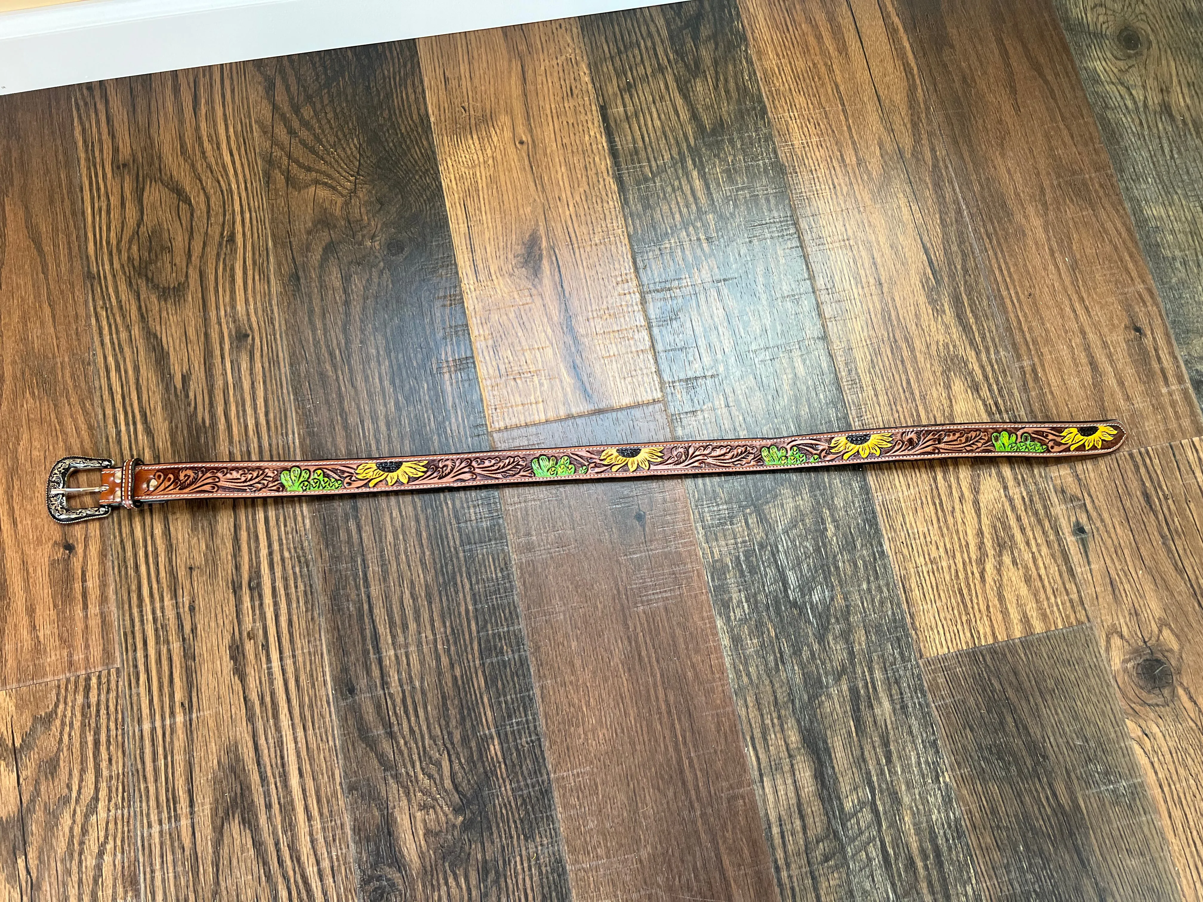 Handmade Leather Tooled Sunflower Cactus Handpainted Belt