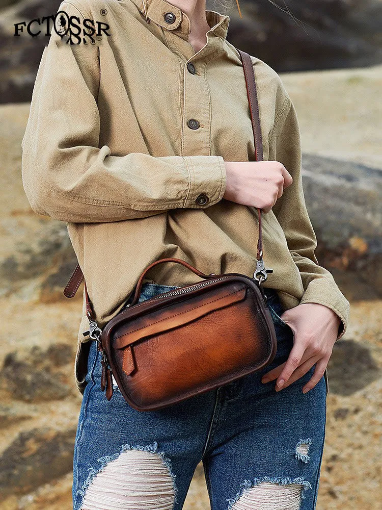 Handmade Womens Leather Mini Satchel Shoulder Bag Best Handbag Cube Crossbody Purses for Ladies
