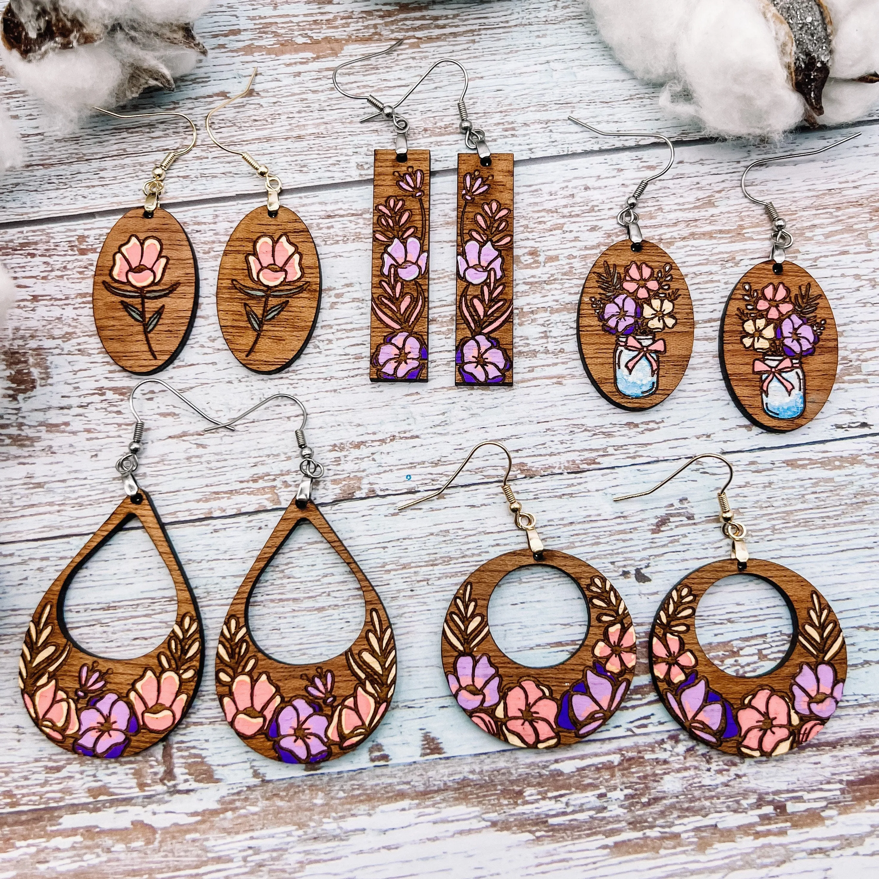 Handpainted Floral Wood Dangles