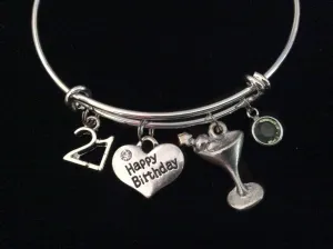Happy 21st Birthday Martini Birthstone Expandable Silver Charm Bracelet Adjustable Bangle Trendy 21 Gift