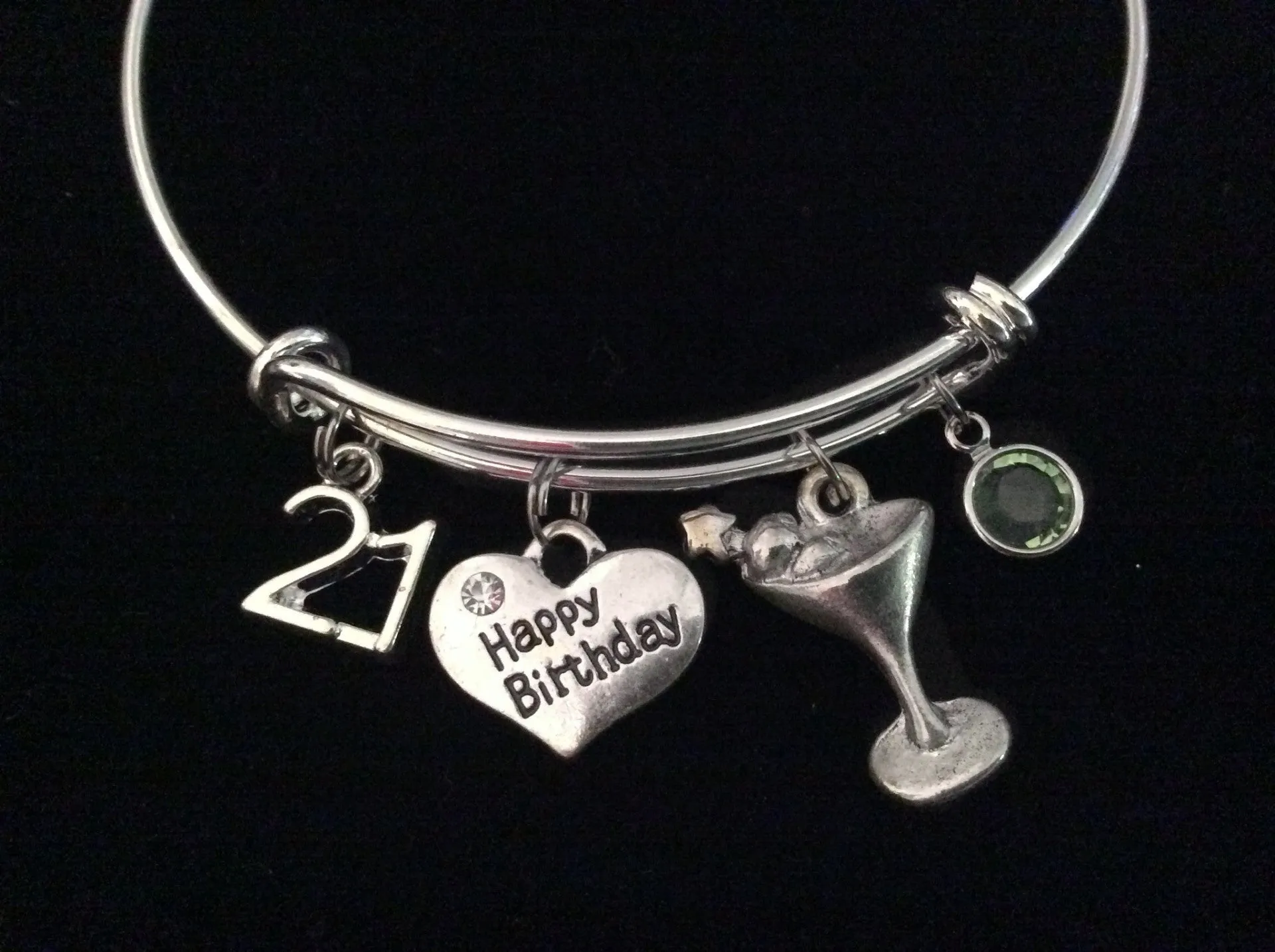 Happy 21st Birthday Martini Birthstone Expandable Silver Charm Bracelet Adjustable Bangle Trendy 21 Gift