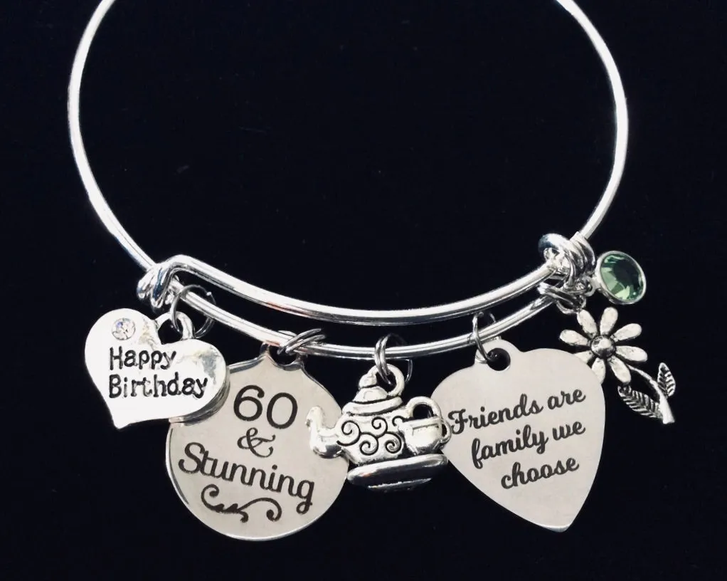 Happy 60th Birthday Jewelry Expandable Charm Bracelet Silver Adjustable Bangle One Size Fits All Gift