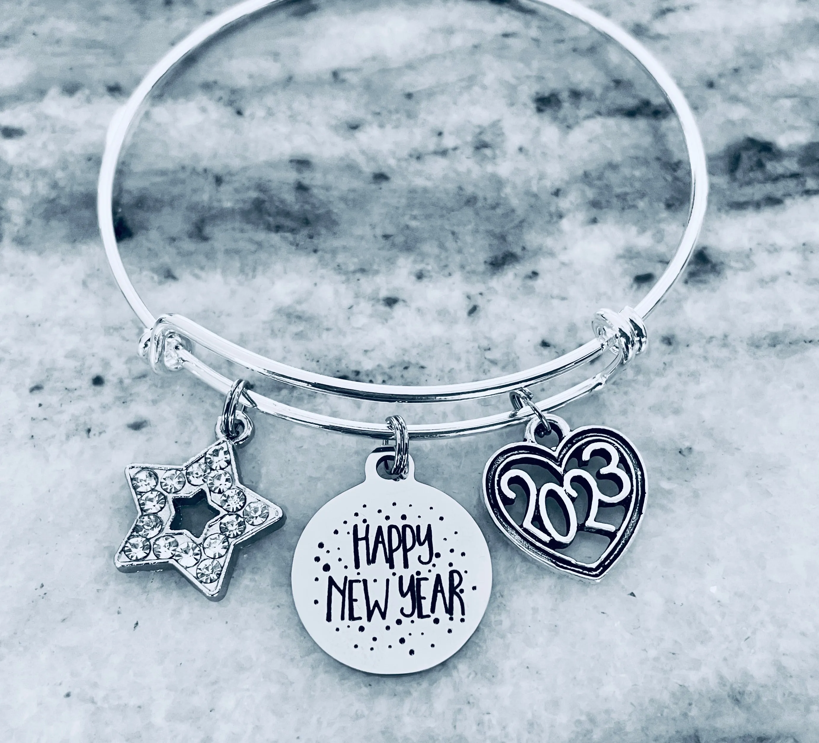 Happy New Year Jewelry Expandable Charm Bracelet Silver Adjustable Bangle One Size Fits All Gift