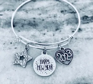 Happy New Year Jewelry Expandable Charm Bracelet Silver Adjustable Bangle One Size Fits All Gift