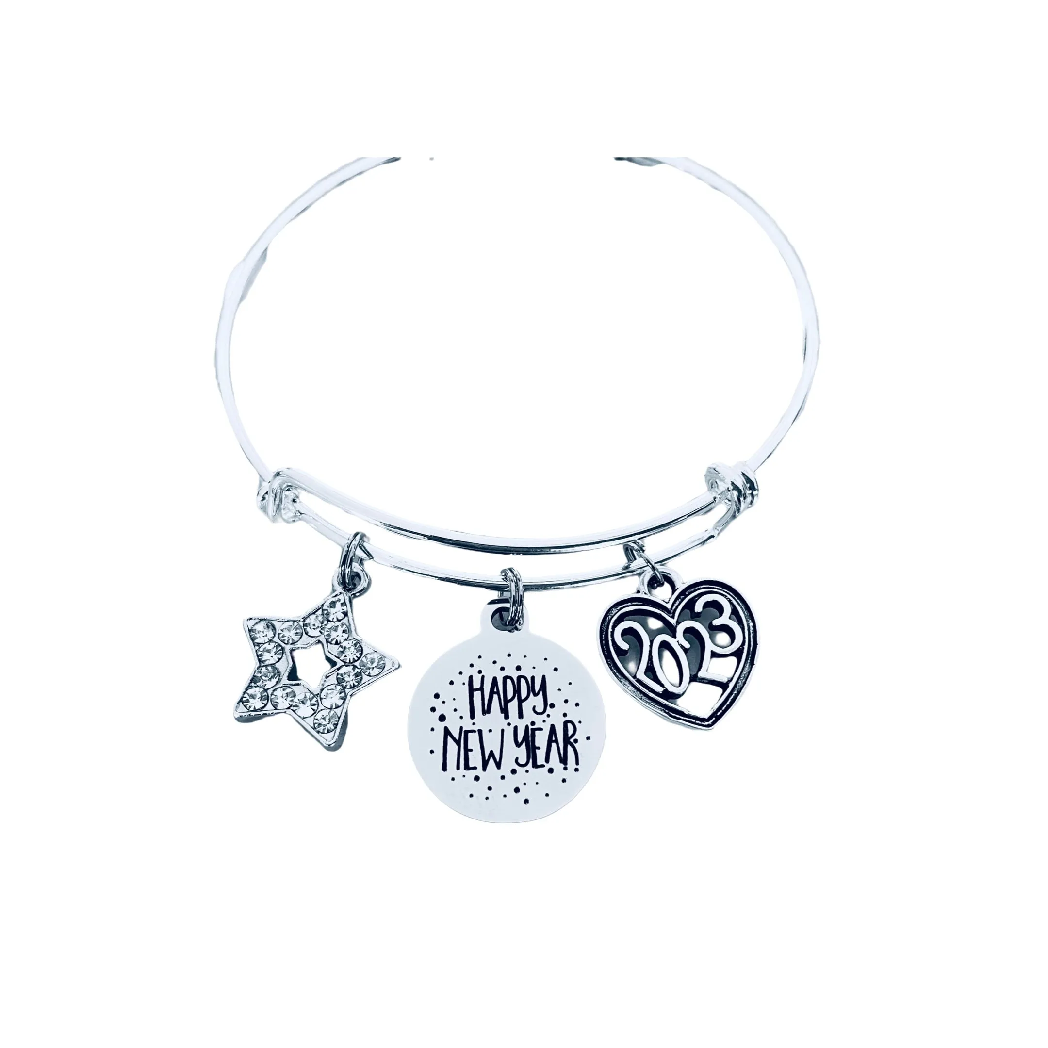 Happy New Year Jewelry Expandable Charm Bracelet Silver Adjustable Bangle One Size Fits All Gift