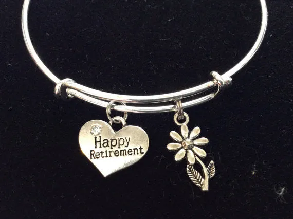 Happy Retirement with Silver Daisy Charm Bracelets Adjustable Bangles Office Worker Gift Retire