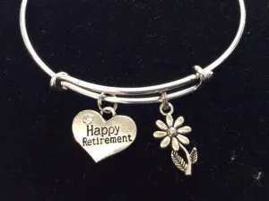 Happy Retirement with Silver Daisy Charm Bracelets Adjustable Bangles Office Worker Gift Retire