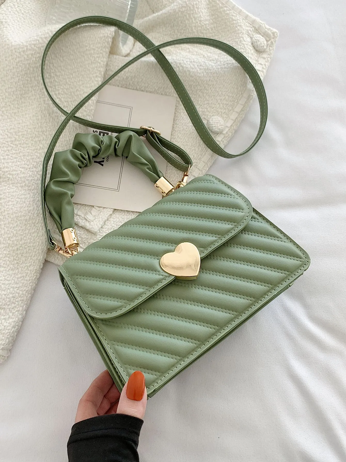 Heart Decor Snap Button Square Bag - Mint Green