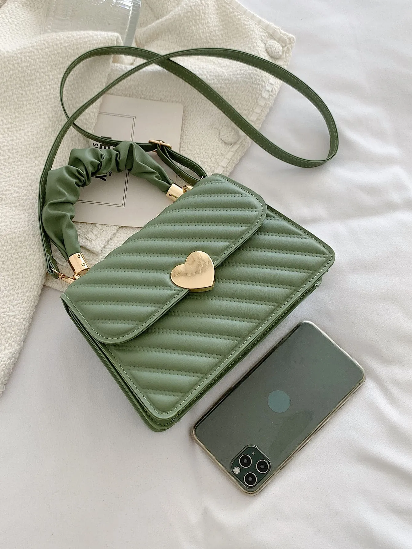 Heart Decor Snap Button Square Bag - Mint Green