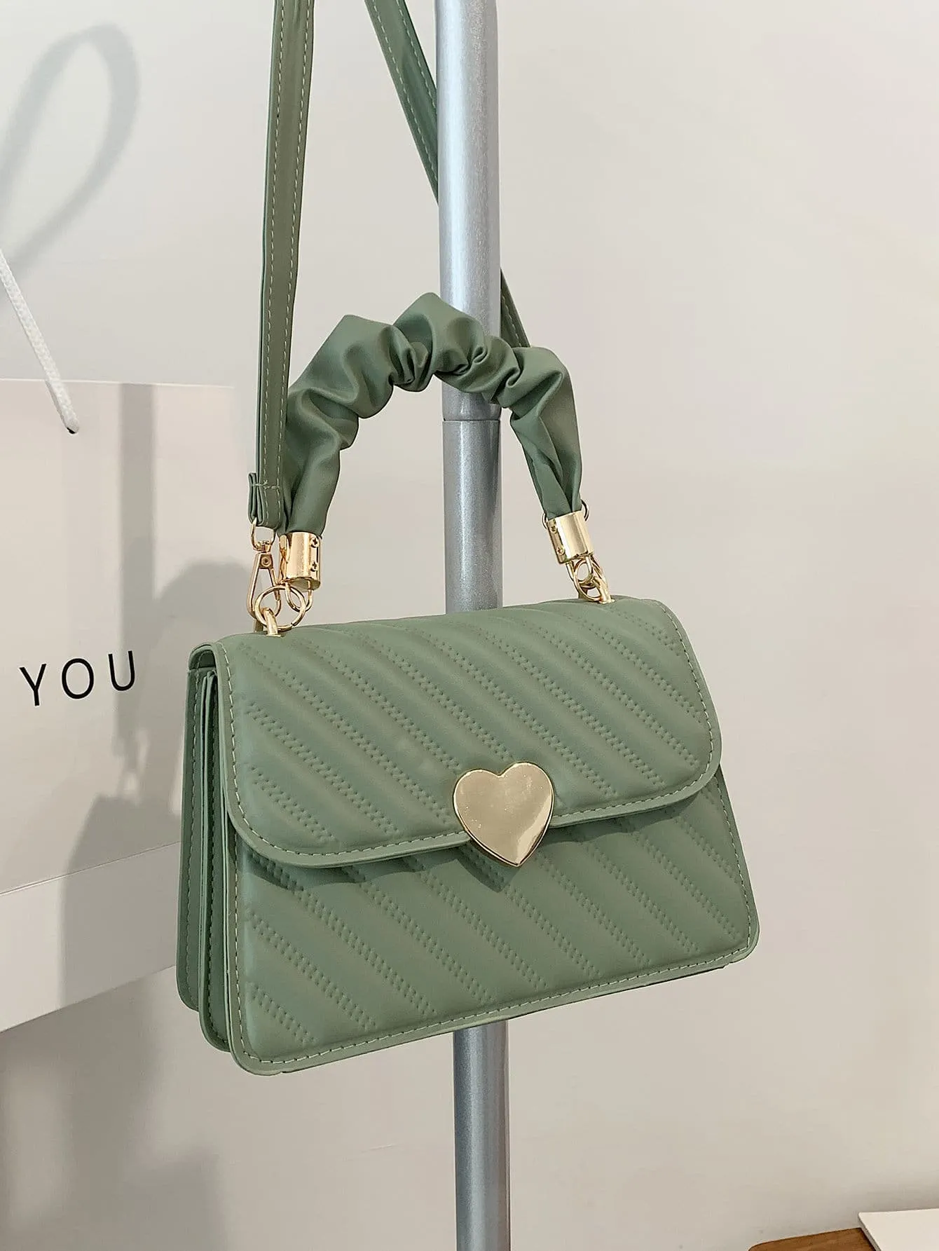 Heart Decor Snap Button Square Bag - Mint Green