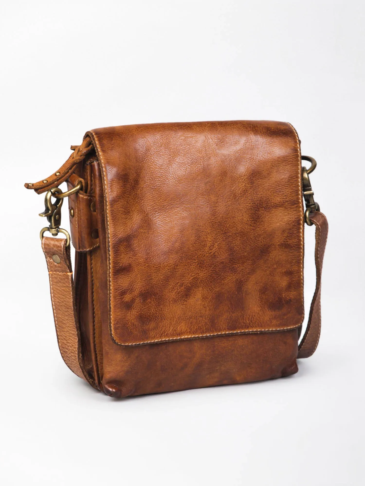 Henry: Brown Flap Bag Cross Body In Veg Tan Leather by art n vintage