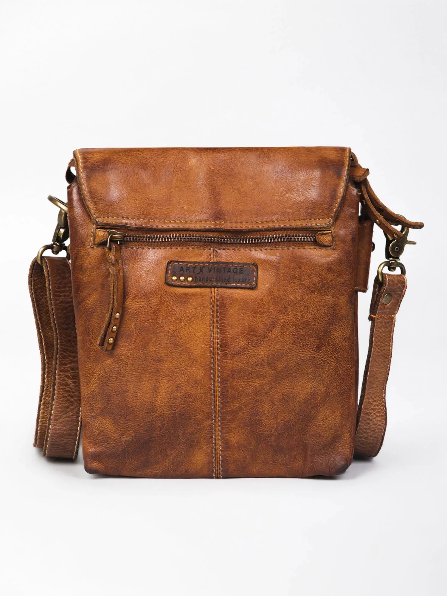 Henry: Brown Flap Bag Cross Body In Veg Tan Leather by art n vintage