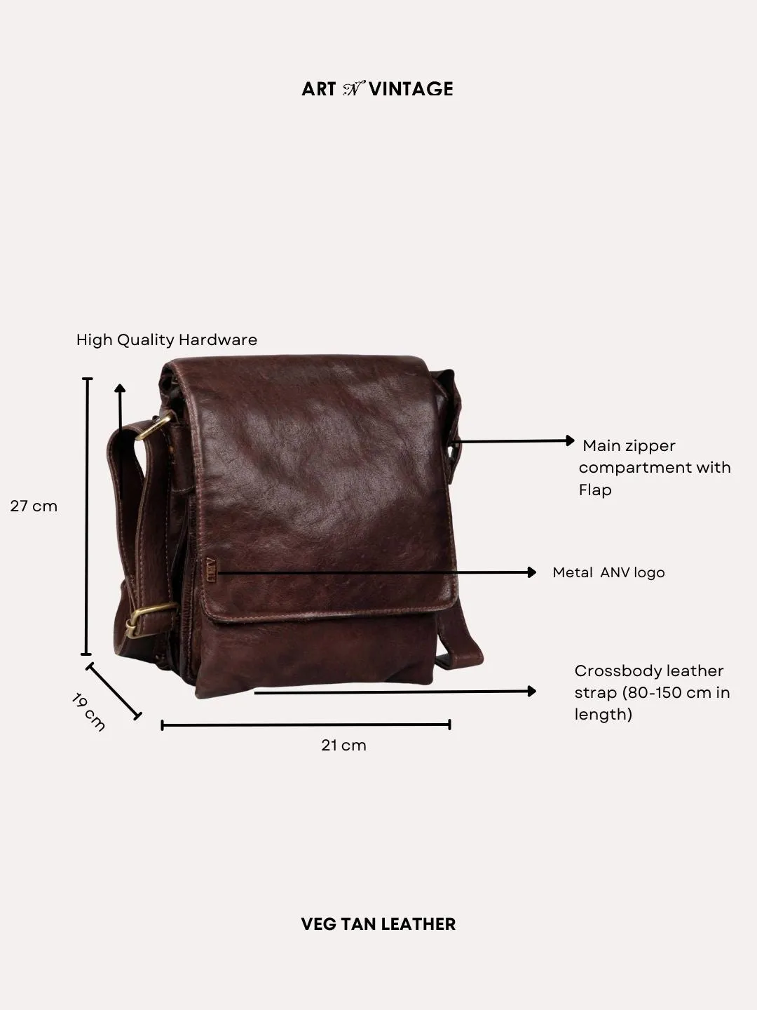 Henry: Brown Flap Bag Cross Body In Veg Tan Leather by art n vintage