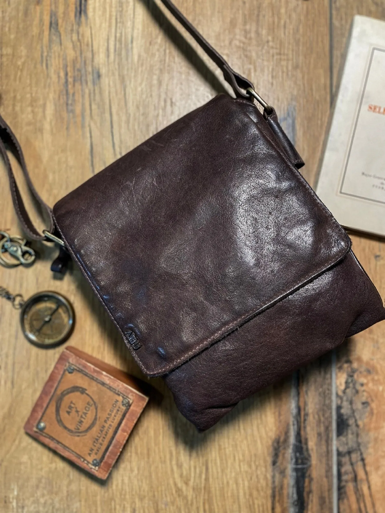 Henry: Brown Flap Bag Cross Body In Veg Tan Leather by art n vintage