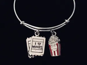 I Love Movies Popcorn Expandable Charm Bracelet Adjustable Bracelet Silver Bangle Movie Lover Gift Theater