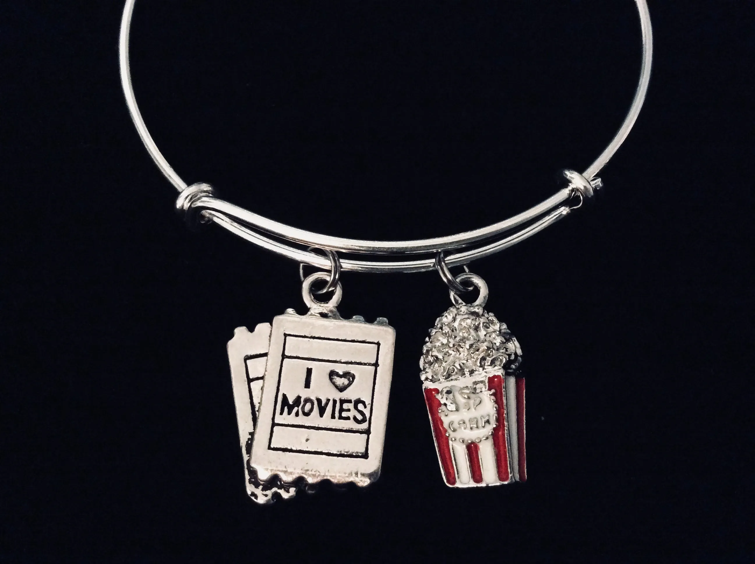 I Love Movies Popcorn Expandable Charm Bracelet Adjustable Bracelet Silver Bangle Movie Lover Gift Theater