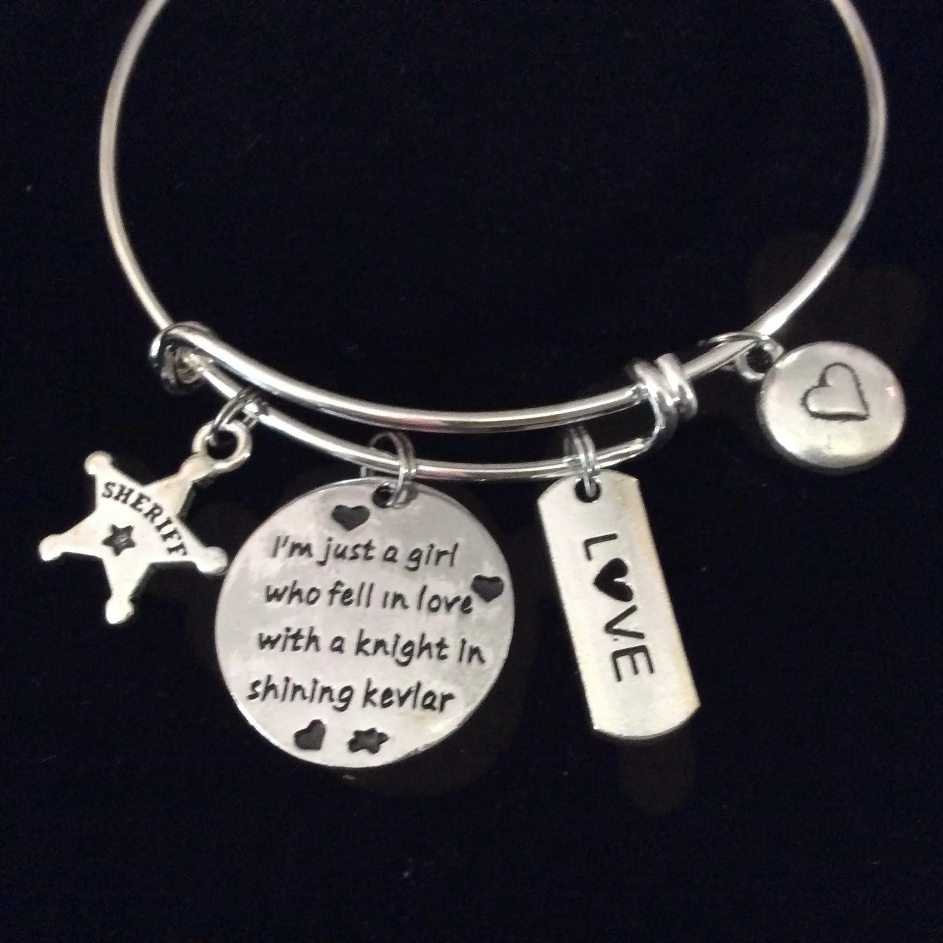 I'm just a Girl who fell in Love with a Knight in shining Kevlar Expandable Adjustable Wire Bangle Occupational Sheriff Badge Department Wife Gift