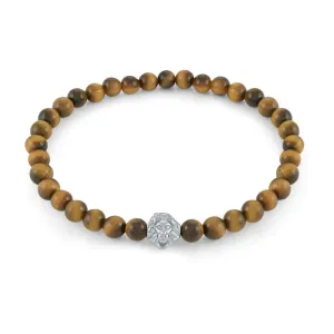 Italgem  Stainless Steel Lion Head and Yellow Tiger's Eye Beaded Stretch Bracelet