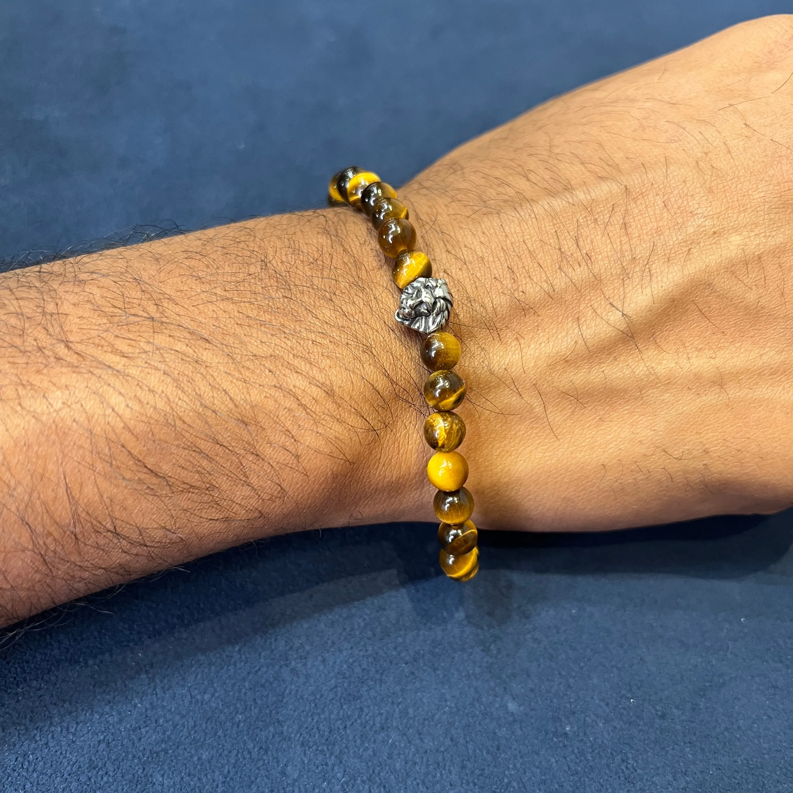 Italgem  Stainless Steel Lion Head and Yellow Tiger's Eye Beaded Stretch Bracelet