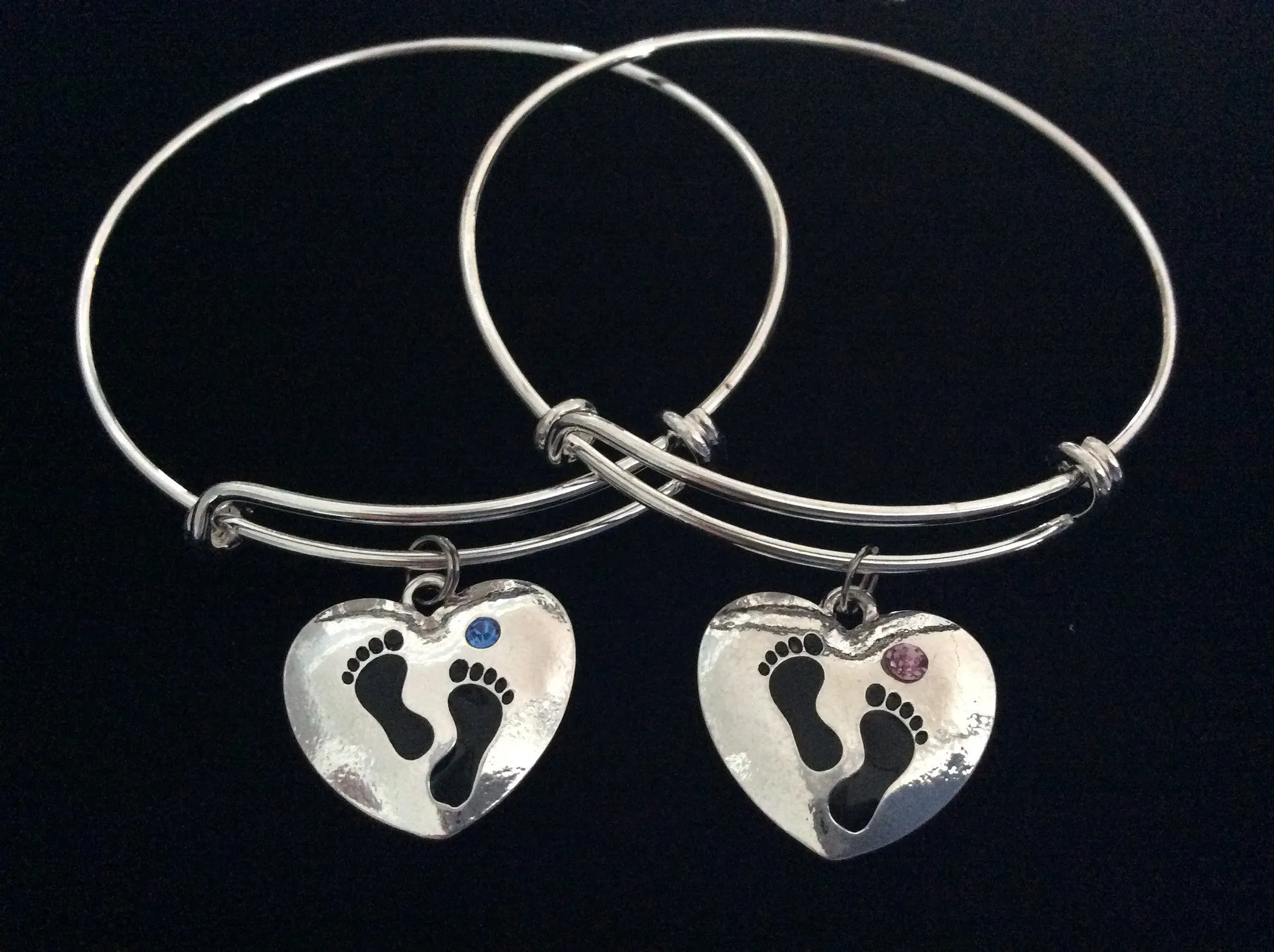 It's A Boy It's a Girl Baby Footprints Silver Expandable Charm Bracelet Pink Blue Adjustable Wire Bangle New Mom Gift