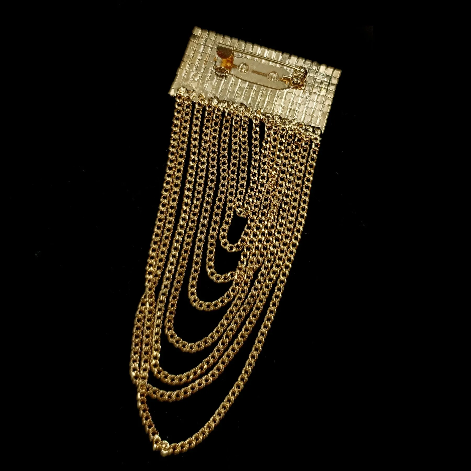 Jewelblings Hip-hop Fashion Inspiration Wide Crystal Pave Bar and Golden Link Chain Drop Brooches Badge Pins for Unisex Base Cloth Accessory