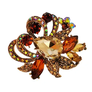 Jewelblings Luxury Vintage Loop Ribbon Leaf Pear Stone Centered Champagne Brown Floral Brooches with AB Accent for Prom Evening Dress Gown