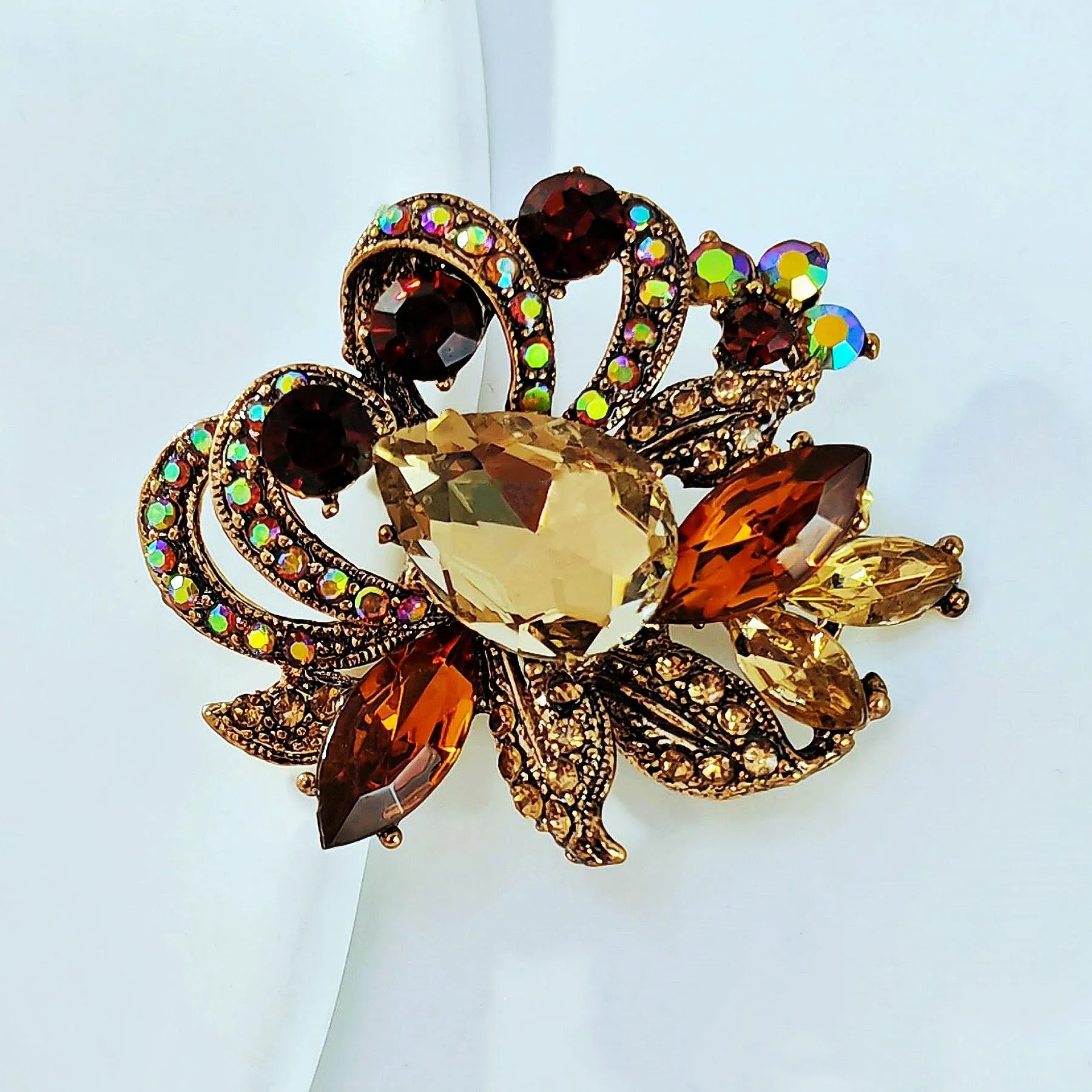Jewelblings Luxury Vintage Loop Ribbon Leaf Pear Stone Centered Champagne Brown Floral Brooches with AB Accent for Prom Evening Dress Gown