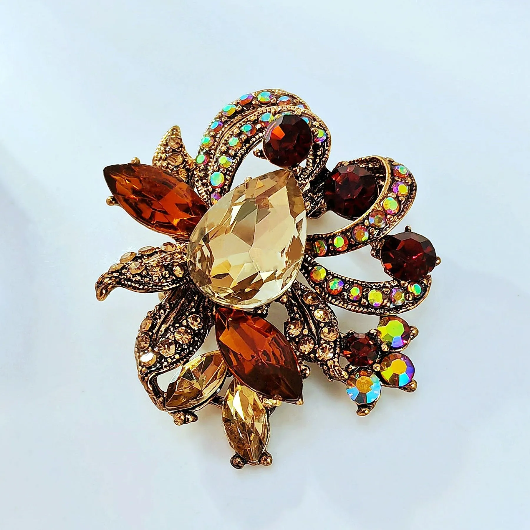 Jewelblings Luxury Vintage Loop Ribbon Leaf Pear Stone Centered Champagne Brown Floral Brooches with AB Accent for Prom Evening Dress Gown