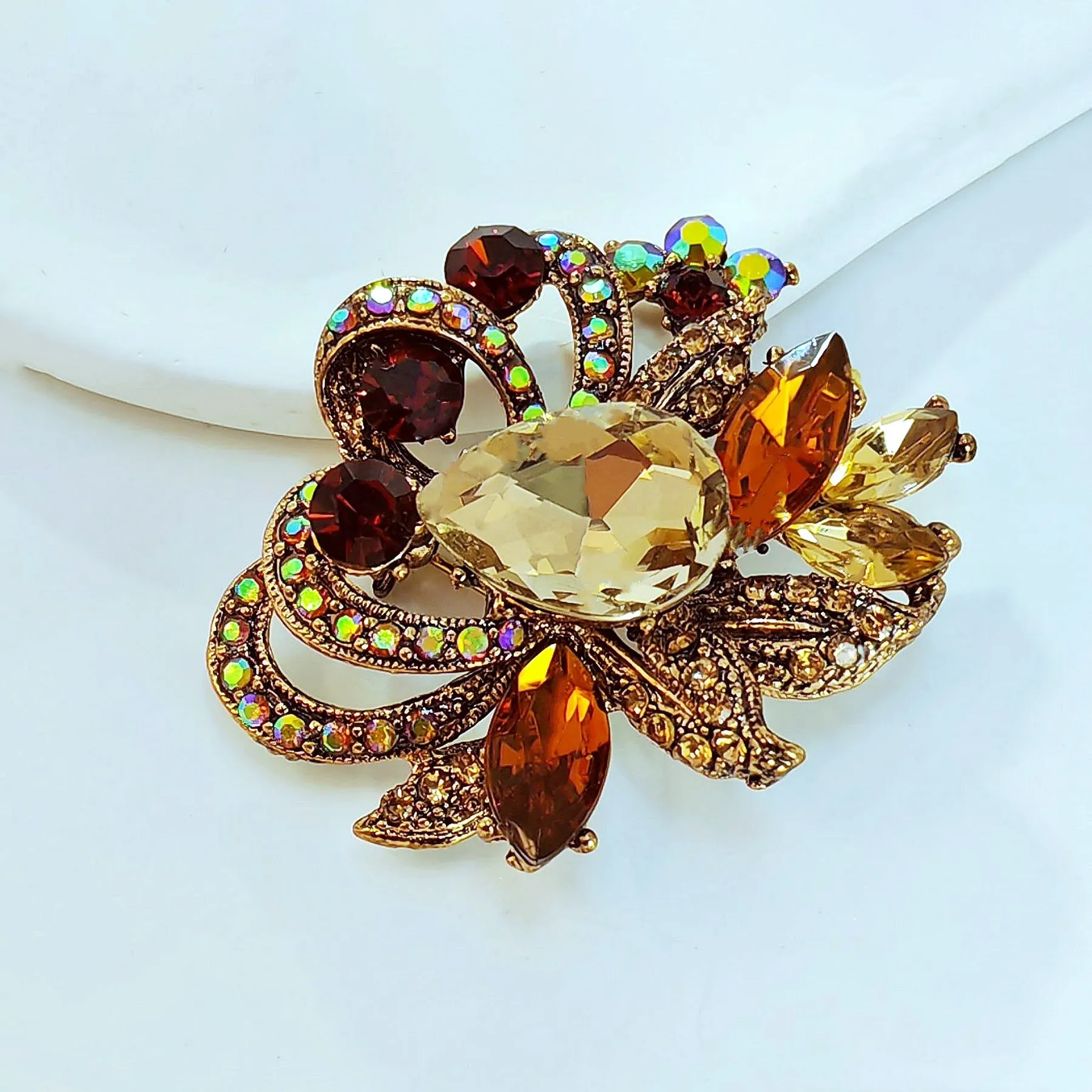 Jewelblings Luxury Vintage Loop Ribbon Leaf Pear Stone Centered Champagne Brown Floral Brooches with AB Accent for Prom Evening Dress Gown