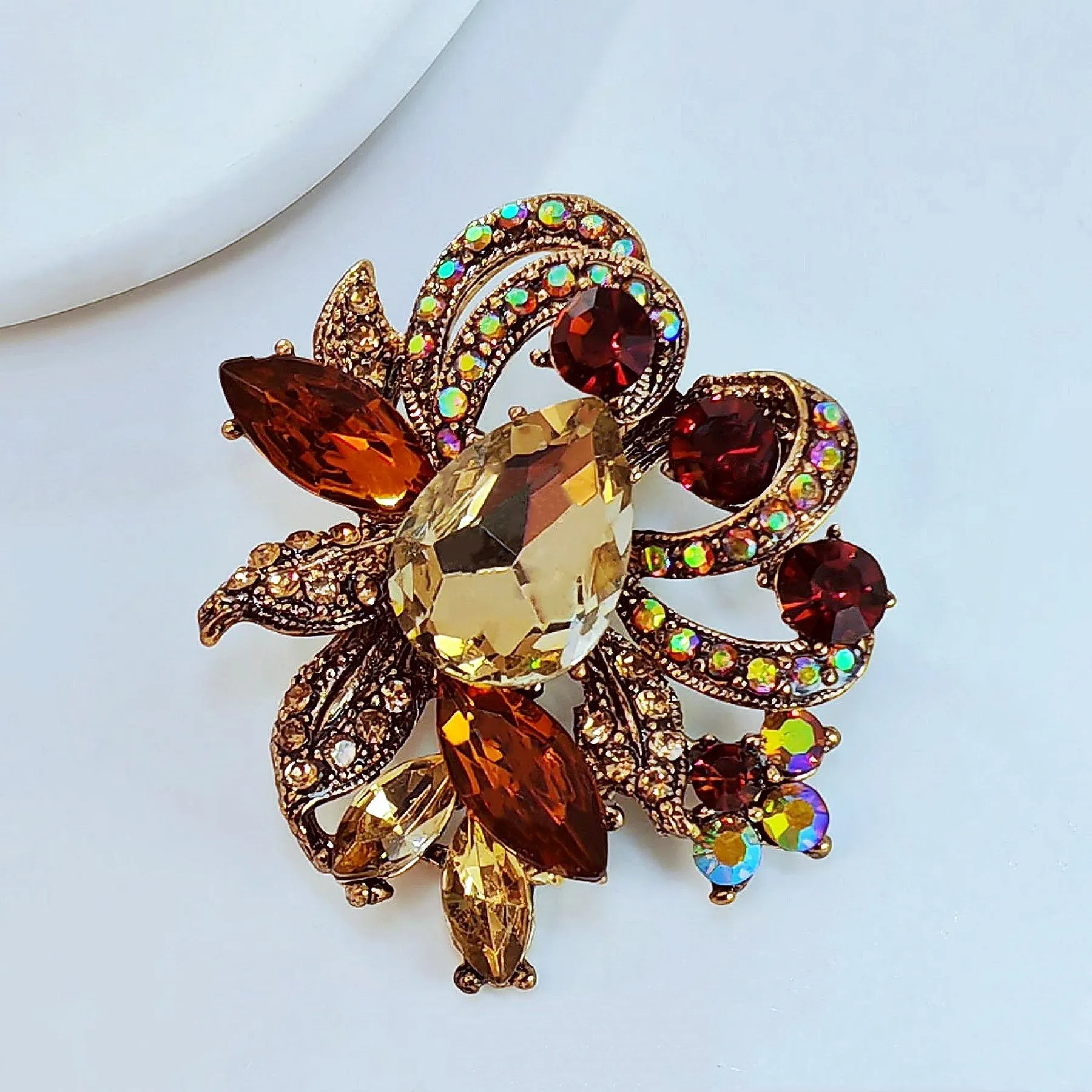 Jewelblings Luxury Vintage Loop Ribbon Leaf Pear Stone Centered Champagne Brown Floral Brooches with AB Accent for Prom Evening Dress Gown