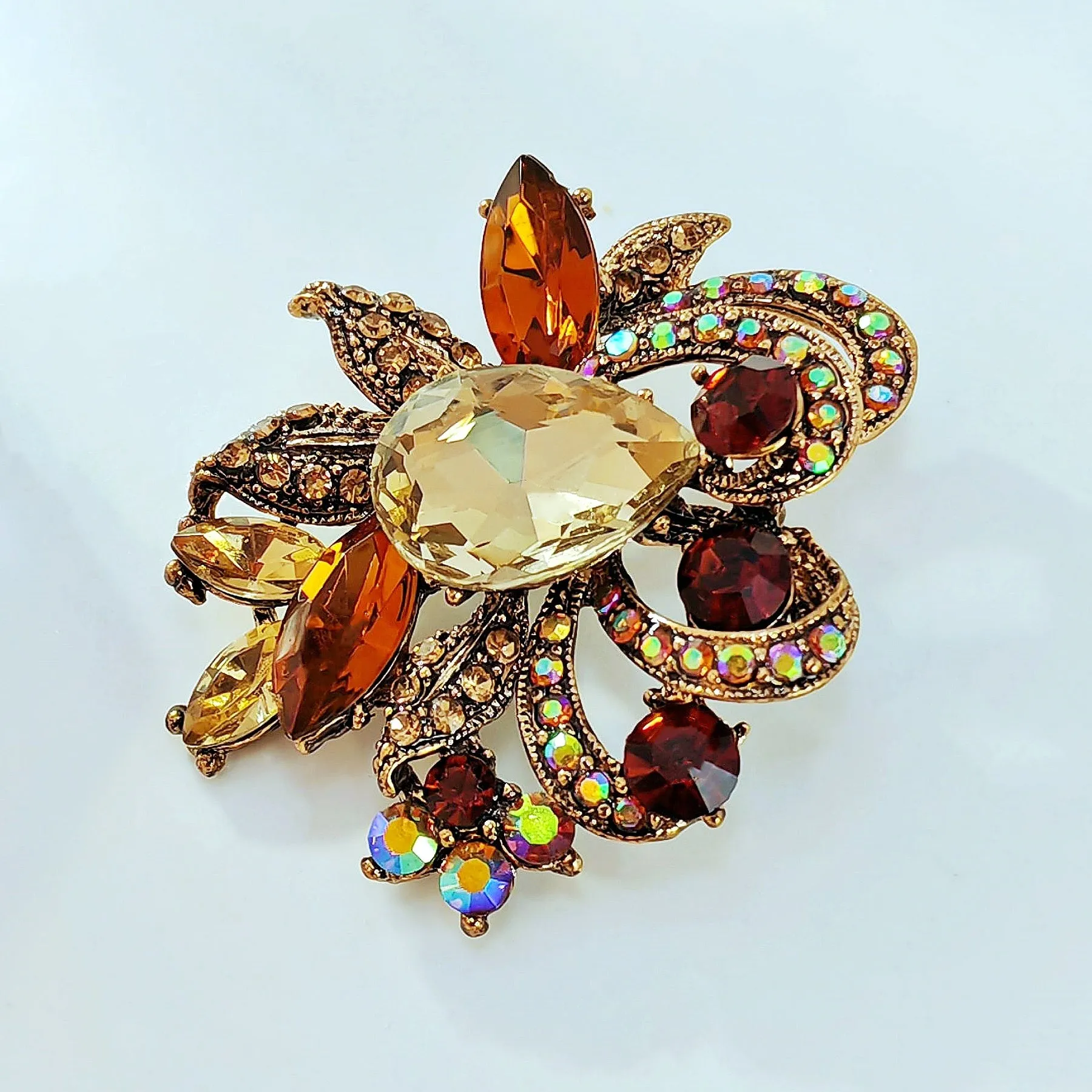 Jewelblings Luxury Vintage Loop Ribbon Leaf Pear Stone Centered Champagne Brown Floral Brooches with AB Accent for Prom Evening Dress Gown