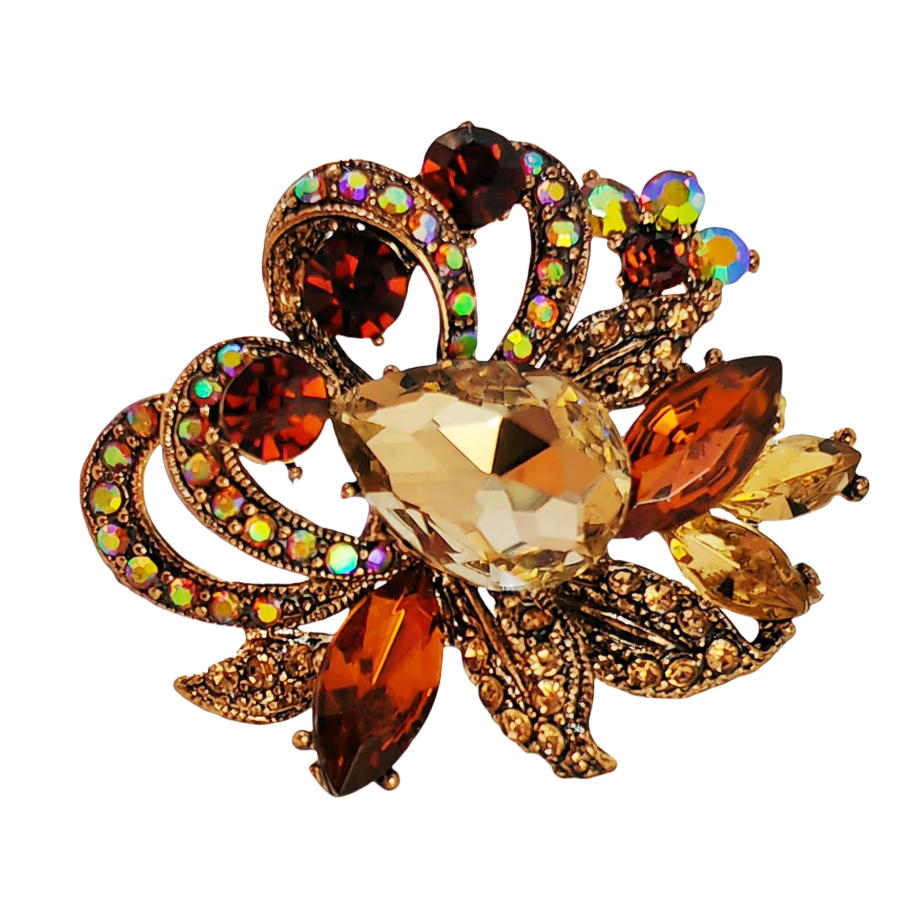 Jewelblings Luxury Vintage Loop Ribbon Leaf Pear Stone Centered Champagne Brown Floral Brooches with AB Accent for Prom Evening Dress Gown