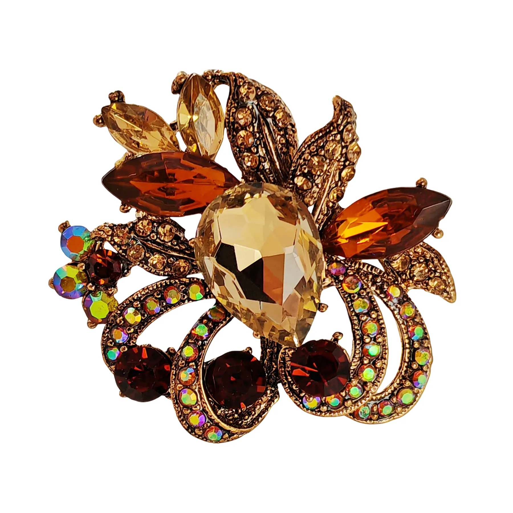 Jewelblings Luxury Vintage Loop Ribbon Leaf Pear Stone Centered Champagne Brown Floral Brooches with AB Accent for Prom Evening Dress Gown