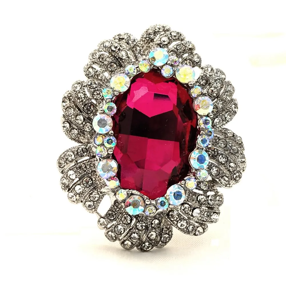 Jewelblings Nature Inspiration AB Crystal Accent Oval Shaped Flower Hot Pink Green Red Stone Women Brooches and Pins Vintage Costume Jewelry