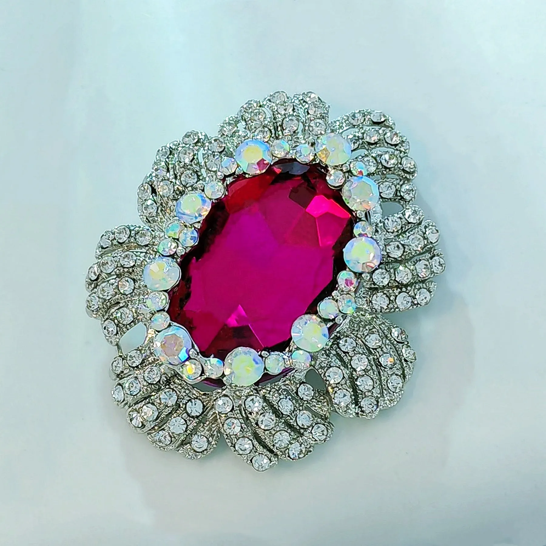 Jewelblings Nature Inspiration AB Crystal Accent Oval Shaped Flower Hot Pink Green Red Stone Women Brooches and Pins Vintage Costume Jewelry