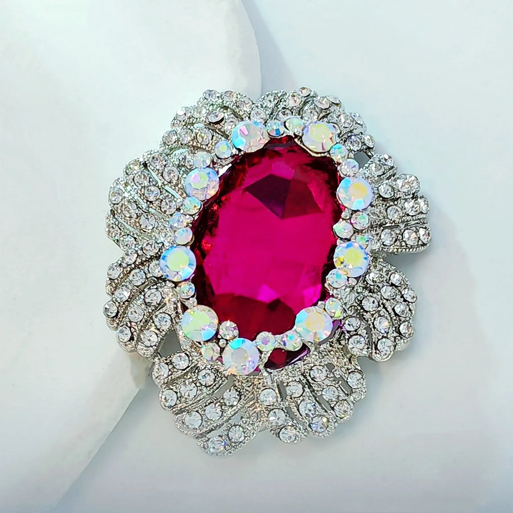 Jewelblings Nature Inspiration AB Crystal Accent Oval Shaped Flower Hot Pink Green Red Stone Women Brooches and Pins Vintage Costume Jewelry