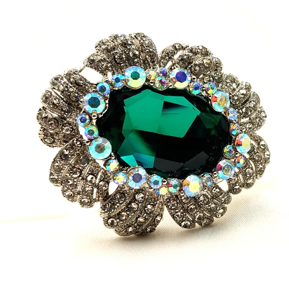 Jewelblings Nature Inspiration AB Crystal Accent Oval Shaped Flower Hot Pink Green Red Stone Women Brooches and Pins Vintage Costume Jewelry