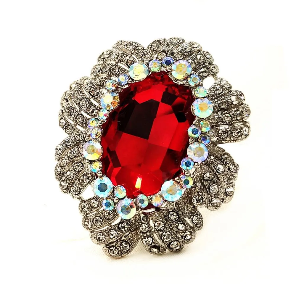 Jewelblings Nature Inspiration AB Crystal Accent Oval Shaped Flower Hot Pink Green Red Stone Women Brooches and Pins Vintage Costume Jewelry